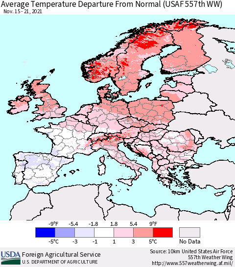 Europe Average Temperature Departure from Normal (USAF 557th WW) Thematic Map For 11/15/2021 - 11/21/2021