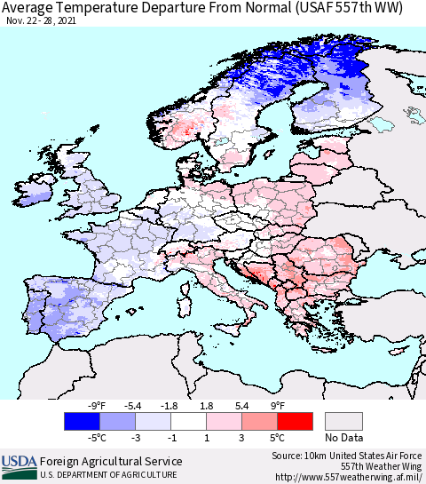 Europe Average Temperature Departure from Normal (USAF 557th WW) Thematic Map For 11/22/2021 - 11/28/2021