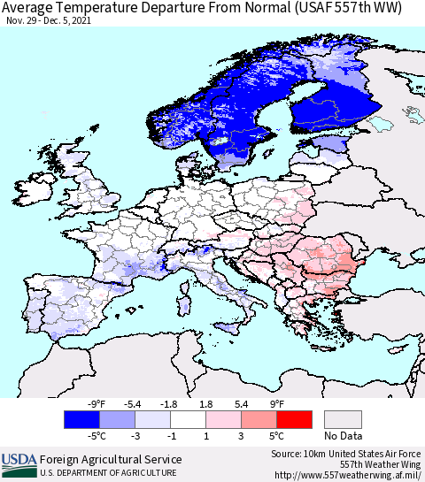 Europe Average Temperature Departure from Normal (USAF 557th WW) Thematic Map For 11/29/2021 - 12/5/2021
