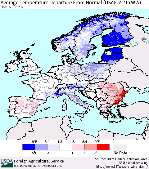 Europe Average Temperature Departure from Normal (USAF 557th WW) Thematic Map For 12/6/2021 - 12/12/2021