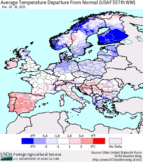 Europe Average Temperature Departure from Normal (USAF 557th WW) Thematic Map For 12/20/2021 - 12/26/2021