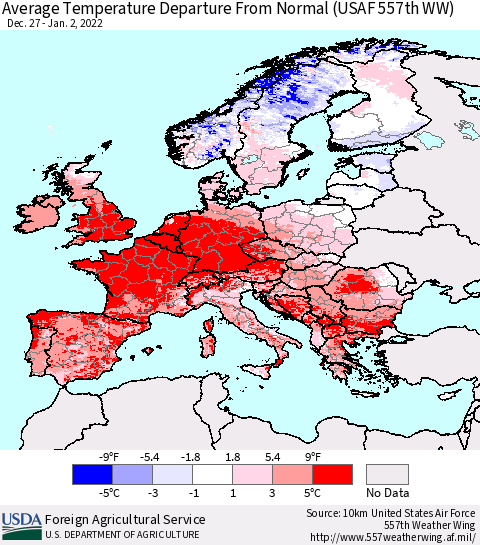 Europe Average Temperature Departure from Normal (USAF 557th WW) Thematic Map For 12/27/2021 - 1/2/2022