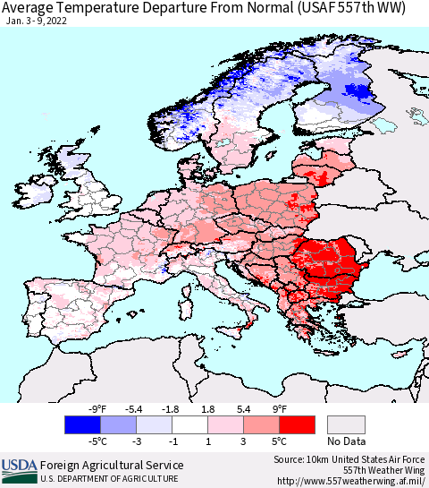 Europe Average Temperature Departure from Normal (USAF 557th WW) Thematic Map For 1/3/2022 - 1/9/2022