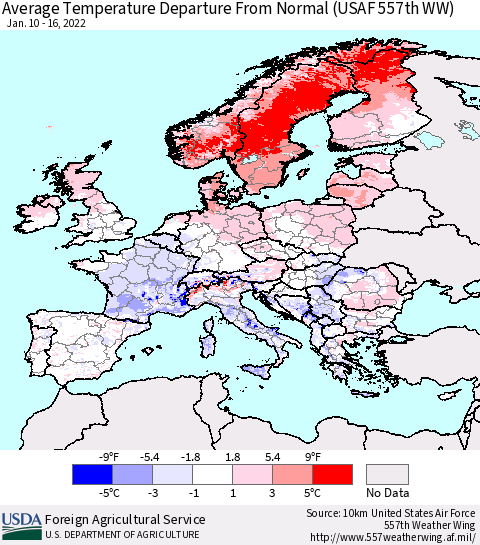 Europe Average Temperature Departure from Normal (USAF 557th WW) Thematic Map For 1/10/2022 - 1/16/2022