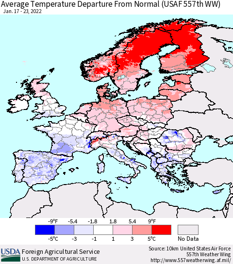 Europe Average Temperature Departure from Normal (USAF 557th WW) Thematic Map For 1/17/2022 - 1/23/2022