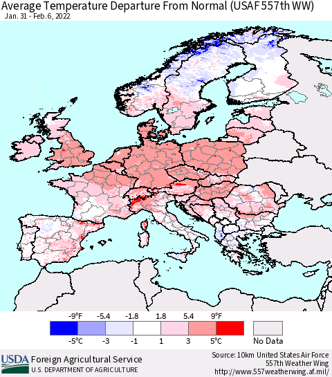 Europe Average Temperature Departure from Normal (USAF 557th WW) Thematic Map For 1/31/2022 - 2/6/2022