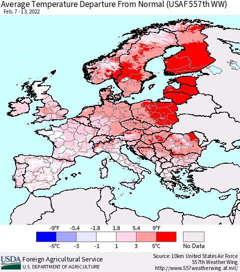 Europe Average Temperature Departure from Normal (USAF 557th WW) Thematic Map For 2/7/2022 - 2/13/2022