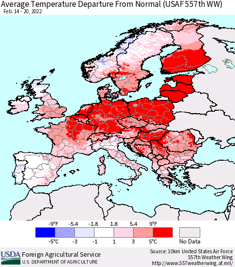 Europe Average Temperature Departure from Normal (USAF 557th WW) Thematic Map For 2/14/2022 - 2/20/2022