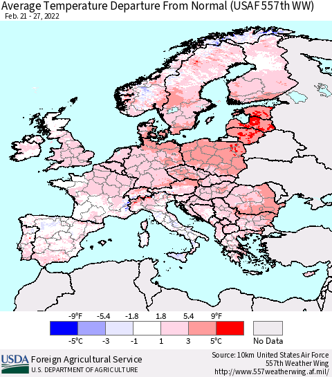 Europe Average Temperature Departure from Normal (USAF 557th WW) Thematic Map For 2/21/2022 - 2/27/2022