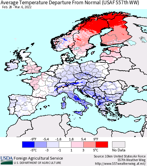 Europe Average Temperature Departure from Normal (USAF 557th WW) Thematic Map For 2/28/2022 - 3/6/2022