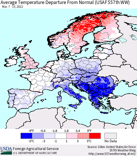 Europe Average Temperature Departure from Normal (USAF 557th WW) Thematic Map For 3/7/2022 - 3/13/2022