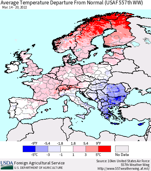 Europe Average Temperature Departure from Normal (USAF 557th WW) Thematic Map For 3/14/2022 - 3/20/2022