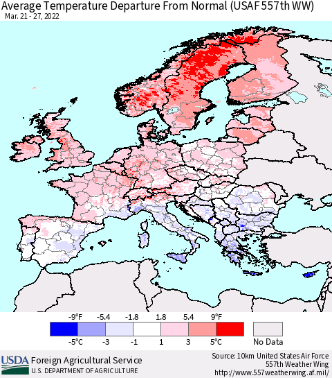 Europe Average Temperature Departure from Normal (USAF 557th WW) Thematic Map For 3/21/2022 - 3/27/2022