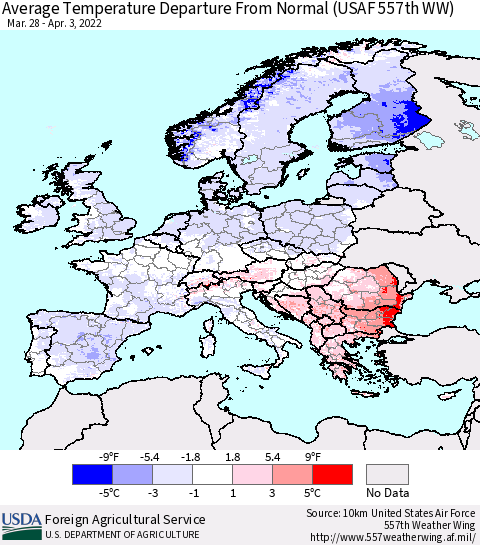 Europe Average Temperature Departure from Normal (USAF 557th WW) Thematic Map For 3/28/2022 - 4/3/2022