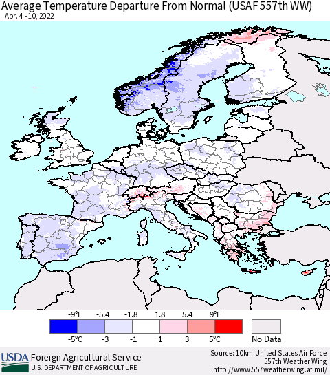Europe Average Temperature Departure from Normal (USAF 557th WW) Thematic Map For 4/4/2022 - 4/10/2022