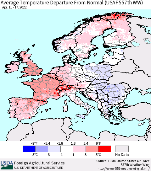 Europe Average Temperature Departure from Normal (USAF 557th WW) Thematic Map For 4/11/2022 - 4/17/2022