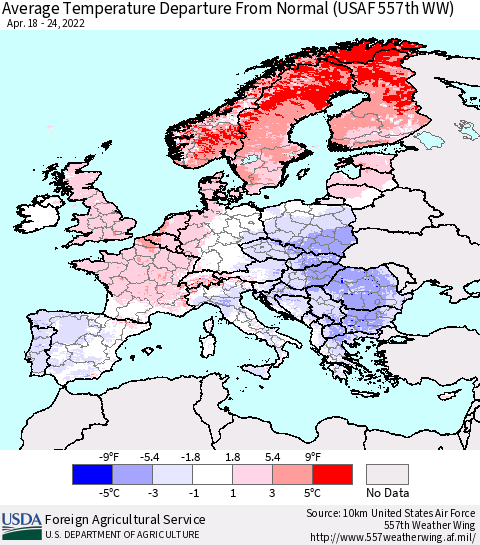 Europe Average Temperature Departure from Normal (USAF 557th WW) Thematic Map For 4/18/2022 - 4/24/2022