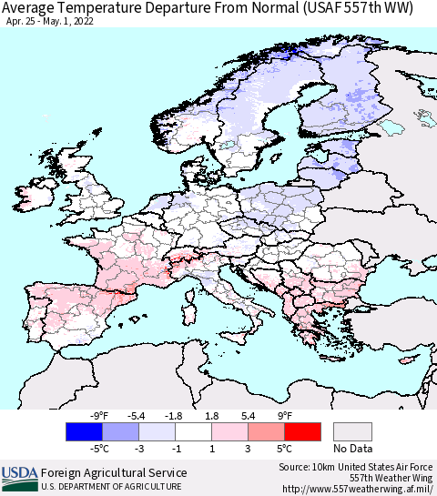 Europe Average Temperature Departure from Normal (USAF 557th WW) Thematic Map For 4/25/2022 - 5/1/2022