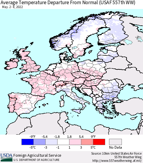 Europe Average Temperature Departure from Normal (USAF 557th WW) Thematic Map For 5/2/2022 - 5/8/2022