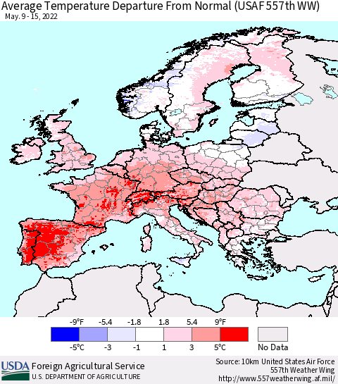 Europe Average Temperature Departure from Normal (USAF 557th WW) Thematic Map For 5/9/2022 - 5/15/2022