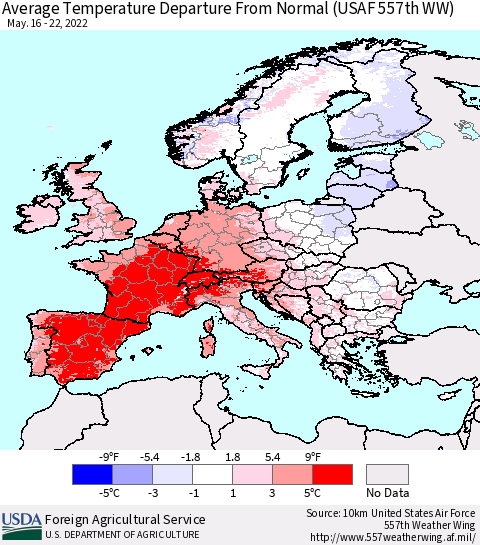 Europe Average Temperature Departure from Normal (USAF 557th WW) Thematic Map For 5/16/2022 - 5/22/2022