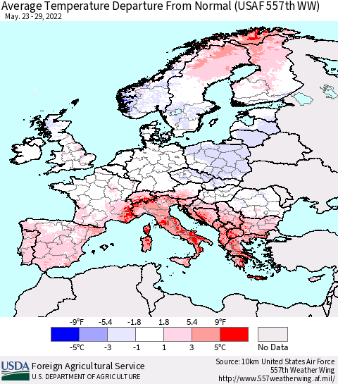 Europe Average Temperature Departure from Normal (USAF 557th WW) Thematic Map For 5/23/2022 - 5/29/2022