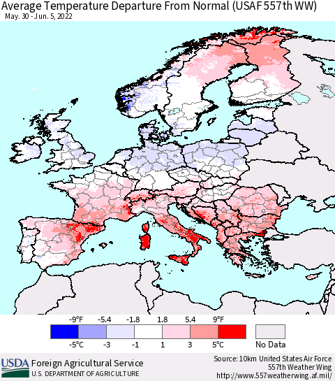 Europe Average Temperature Departure from Normal (USAF 557th WW) Thematic Map For 5/30/2022 - 6/5/2022