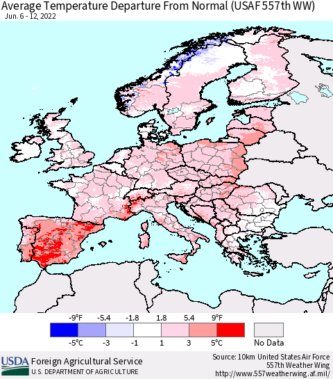 Europe Average Temperature Departure from Normal (USAF 557th WW) Thematic Map For 6/6/2022 - 6/12/2022