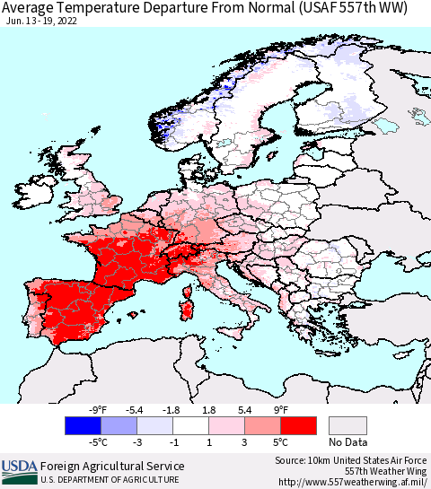 Europe Average Temperature Departure from Normal (USAF 557th WW) Thematic Map For 6/13/2022 - 6/19/2022