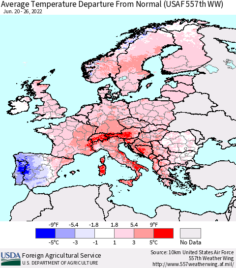 Europe Average Temperature Departure from Normal (USAF 557th WW) Thematic Map For 6/20/2022 - 6/26/2022