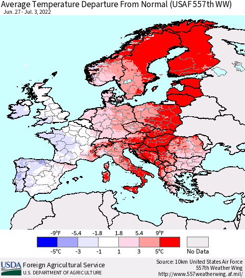 Europe Average Temperature Departure from Normal (USAF 557th WW) Thematic Map For 6/27/2022 - 7/3/2022