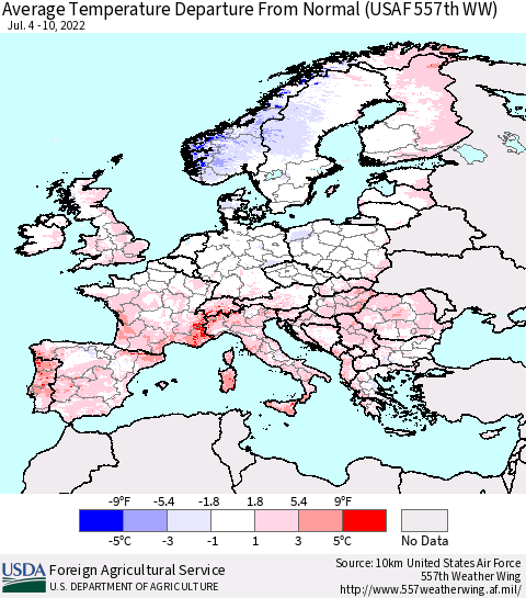 Europe Average Temperature Departure from Normal (USAF 557th WW) Thematic Map For 7/4/2022 - 7/10/2022