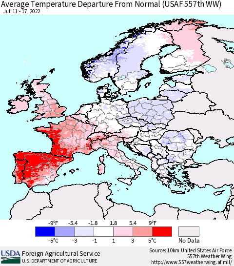 Europe Average Temperature Departure from Normal (USAF 557th WW) Thematic Map For 7/11/2022 - 7/17/2022