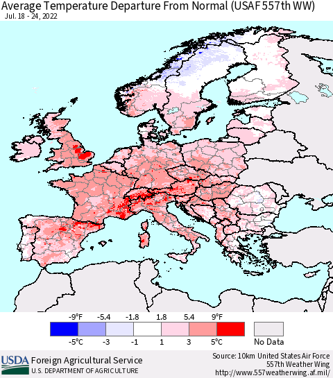 Europe Average Temperature Departure from Normal (USAF 557th WW) Thematic Map For 7/18/2022 - 7/24/2022