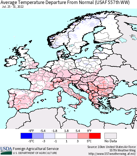 Europe Average Temperature Departure from Normal (USAF 557th WW) Thematic Map For 7/25/2022 - 7/31/2022
