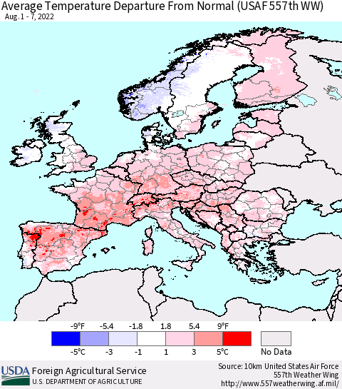 Europe Average Temperature Departure from Normal (USAF 557th WW) Thematic Map For 8/1/2022 - 8/7/2022