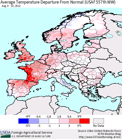 Europe Average Temperature Departure from Normal (USAF 557th WW) Thematic Map For 8/8/2022 - 8/14/2022