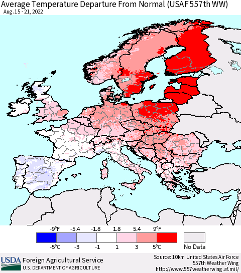 Europe Average Temperature Departure from Normal (USAF 557th WW) Thematic Map For 8/15/2022 - 8/21/2022