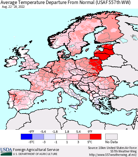 Europe Average Temperature Departure from Normal (USAF 557th WW) Thematic Map For 8/22/2022 - 8/28/2022