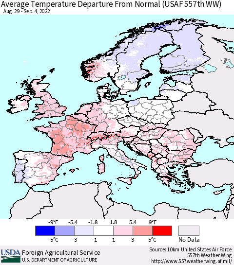 Europe Average Temperature Departure from Normal (USAF 557th WW) Thematic Map For 8/29/2022 - 9/4/2022