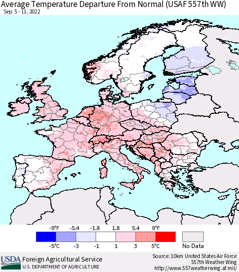 Europe Average Temperature Departure from Normal (USAF 557th WW) Thematic Map For 9/5/2022 - 9/11/2022