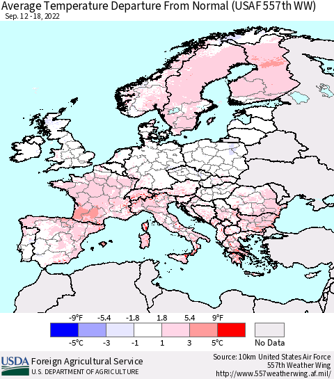 Europe Average Temperature Departure from Normal (USAF 557th WW) Thematic Map For 9/12/2022 - 9/18/2022