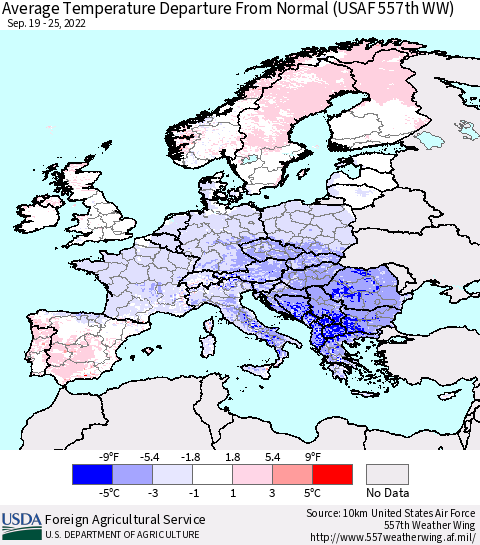 Europe Average Temperature Departure from Normal (USAF 557th WW) Thematic Map For 9/19/2022 - 9/25/2022