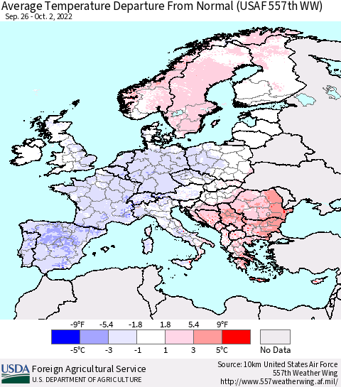Europe Average Temperature Departure from Normal (USAF 557th WW) Thematic Map For 9/26/2022 - 10/2/2022
