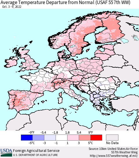 Europe Average Temperature Departure from Normal (USAF 557th WW) Thematic Map For 10/3/2022 - 10/9/2022