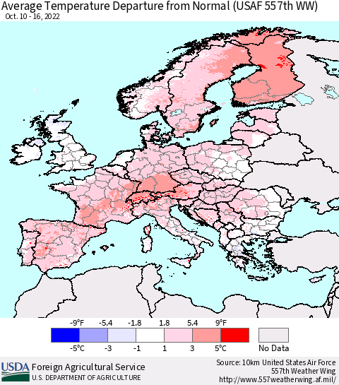 Europe Average Temperature Departure from Normal (USAF 557th WW) Thematic Map For 10/10/2022 - 10/16/2022