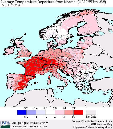 Europe Average Temperature Departure from Normal (USAF 557th WW) Thematic Map For 10/17/2022 - 10/23/2022