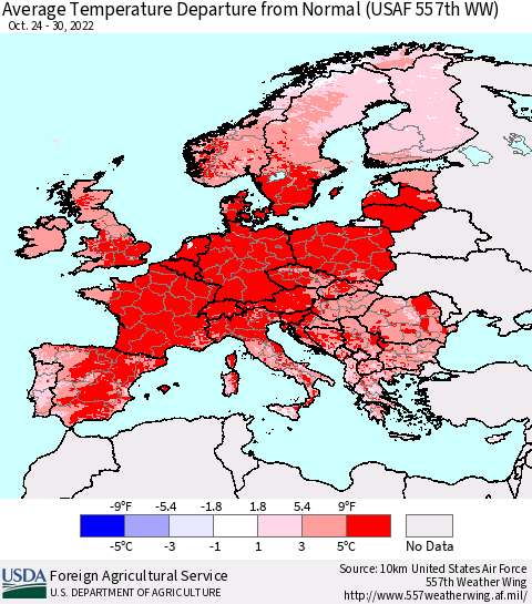 Europe Average Temperature Departure from Normal (USAF 557th WW) Thematic Map For 10/24/2022 - 10/30/2022