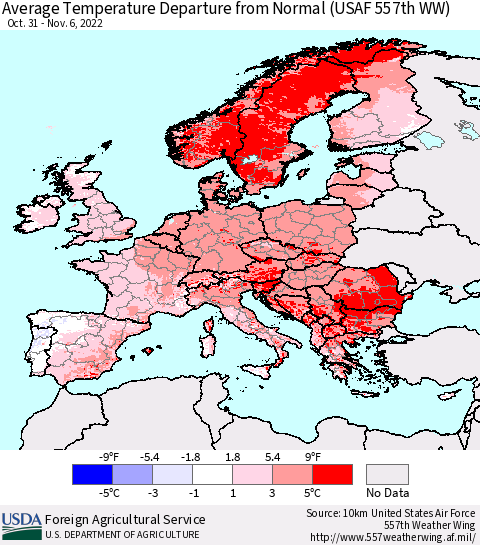 Europe Average Temperature Departure from Normal (USAF 557th WW) Thematic Map For 10/31/2022 - 11/6/2022