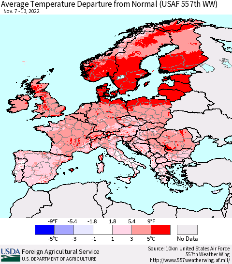 Europe Average Temperature Departure from Normal (USAF 557th WW) Thematic Map For 11/7/2022 - 11/13/2022